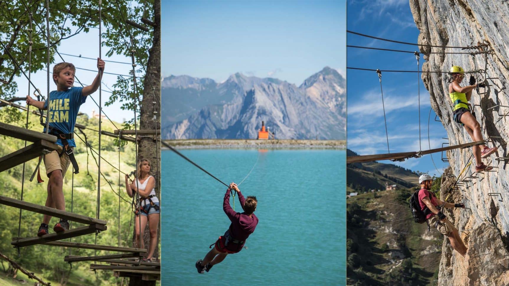 garçon dans un parc accrobranche, faisant de la tyrolenne et un couple en via ferrata à valloire