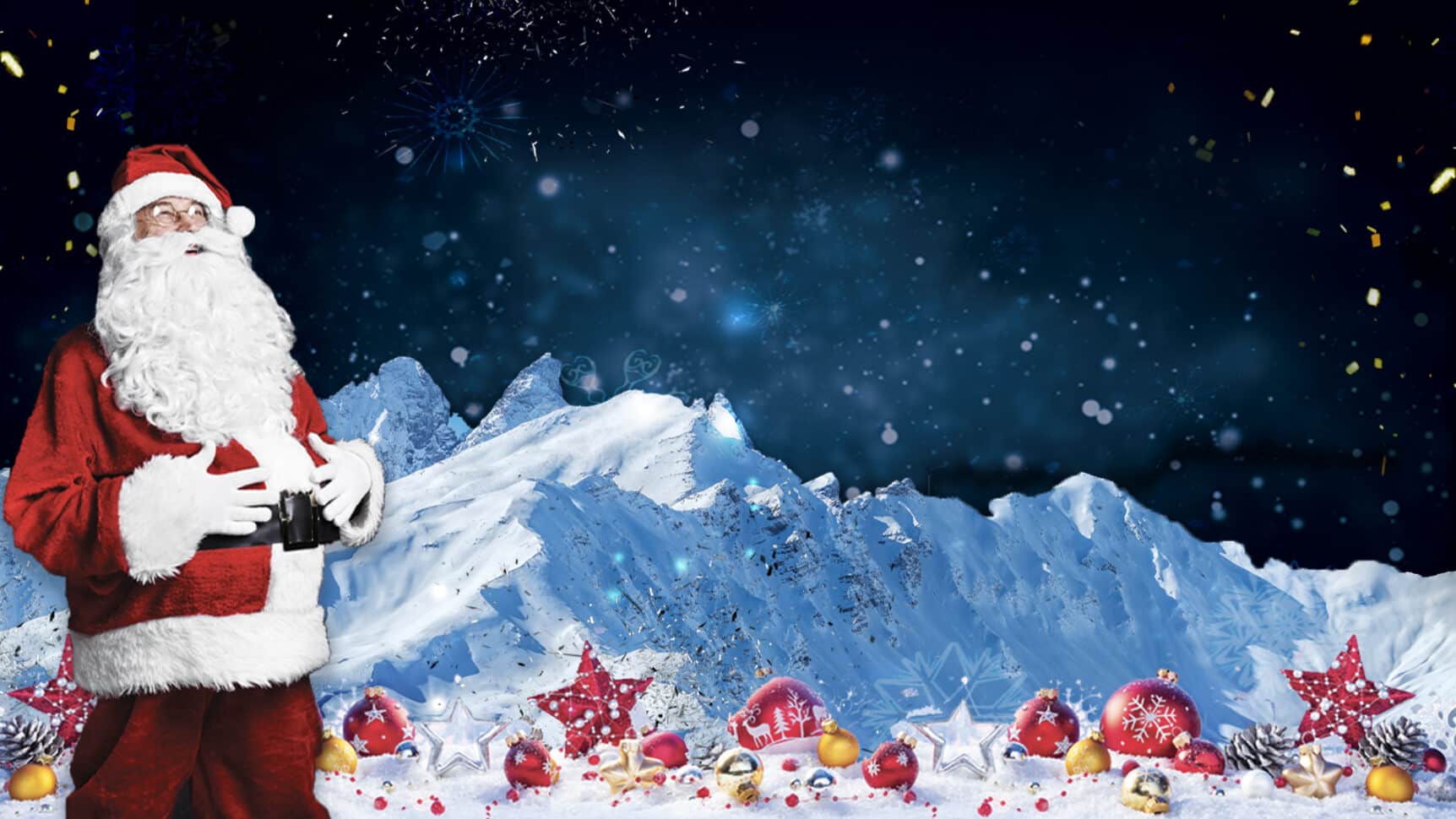 Père noel devant le massif des aiguilles d'arves à Valloire